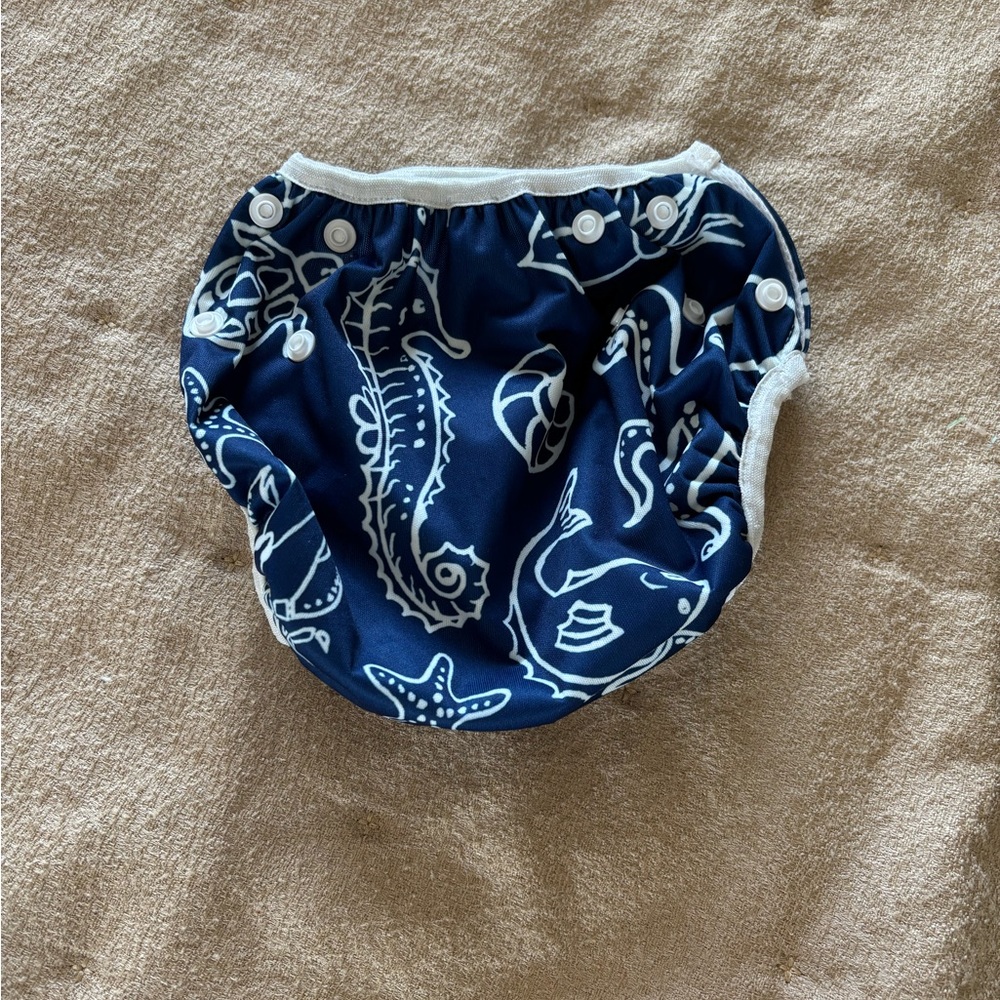Navy Seahorse Print Kids Swim Trunks